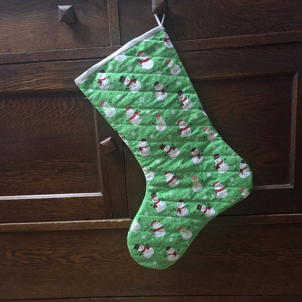 NWT Handmade Festive Green With Snowman Printed Quilted Christmas Stocking